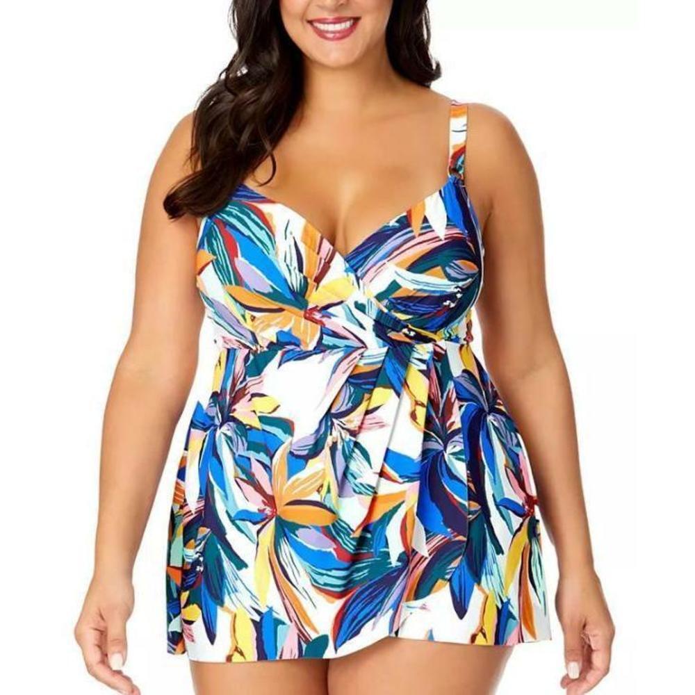 Anne Cole Plus Size Women's Multicolor Printed Surplice Swim Dress 22W